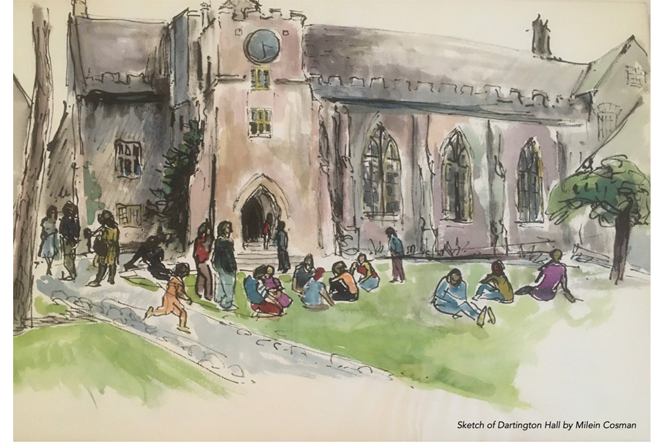 A sketch of the outside of Dartington Hall with people appearing to be relaxing in the green lawn outside A sketch of the outside of Dartington Hall with people appearing to be relaxing in the green lawn outside